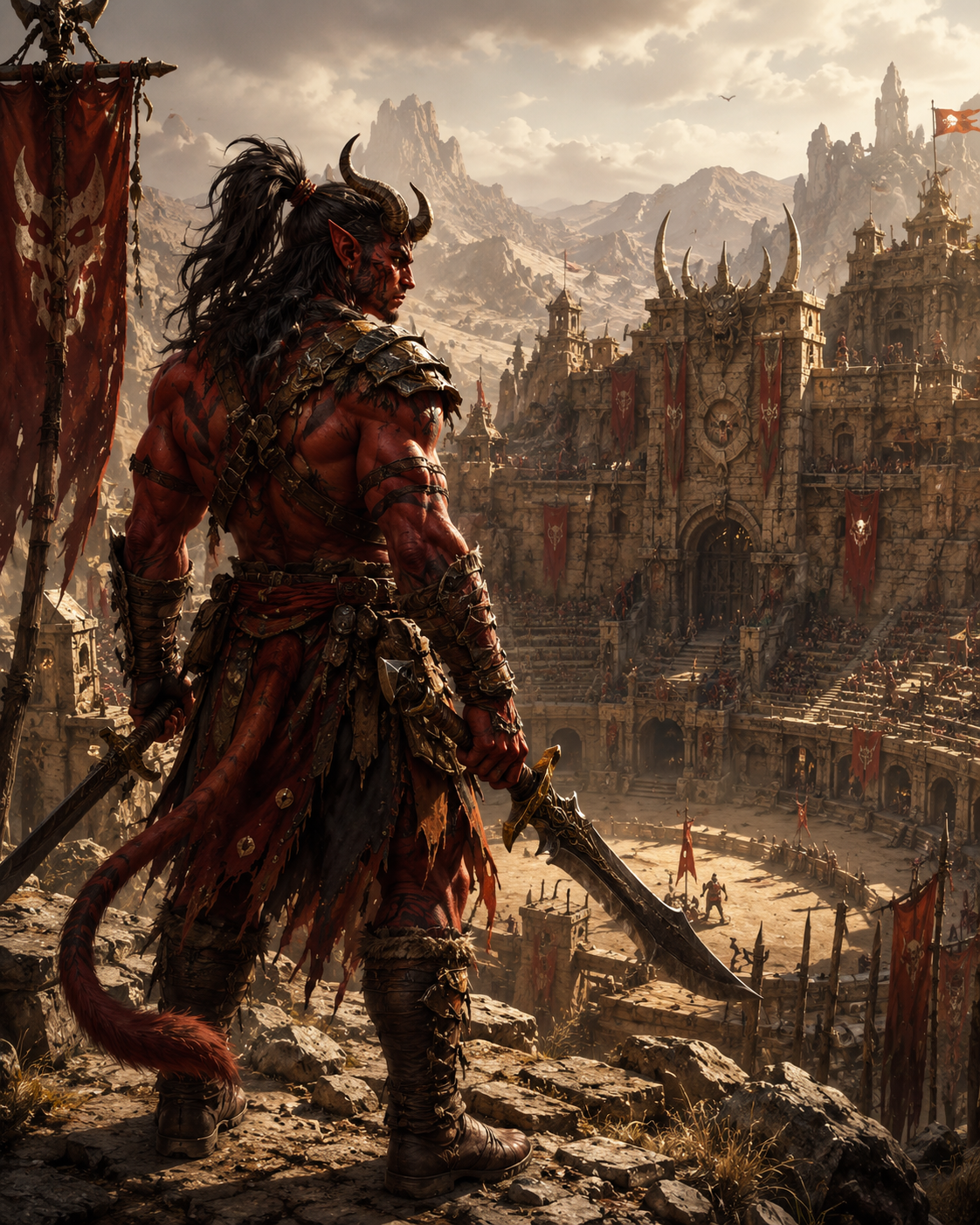 Un guerrier Anims domine une cité fortifiée