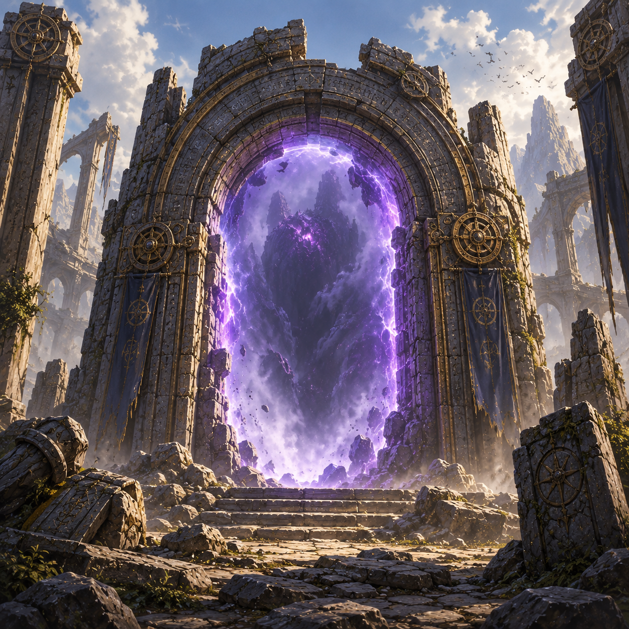 Un portail violet monumental s'ouvre au milieu de ruines anciennes